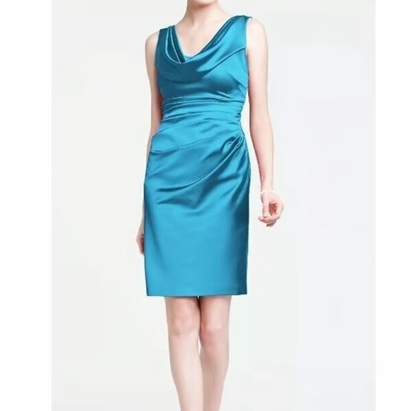 David’s Bridal Malibu Blue Satin Ruched Draped Neck Dress Size 8 - Picture 1 of 11